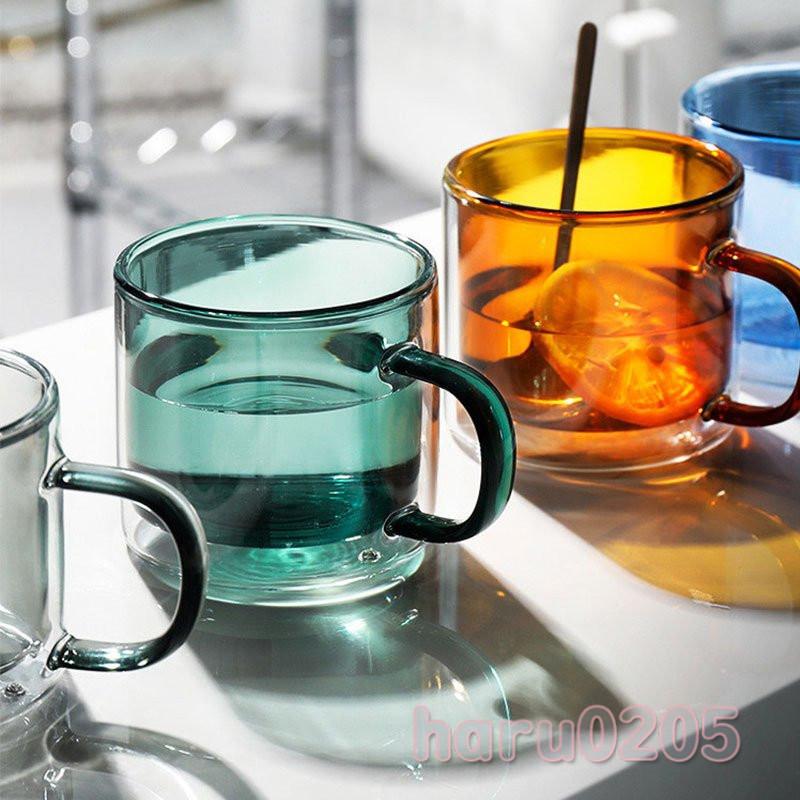 ガラス カップ 二重構造 ステンドグラス 2層ガラス コップ 保冷 耐熱ガラス ダブルウォール コーヒーカップ 吹き製作 カラーグラス コッ